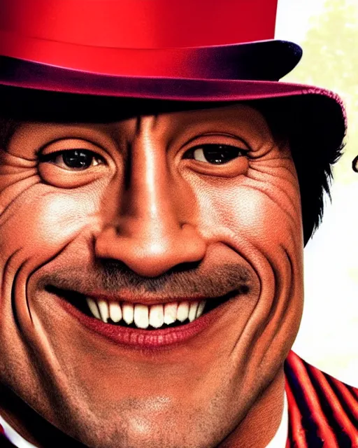 Image similar to Film still close-up shot of Dwayne Johnson as Willy Wonka from the movie Willy Wonka & The Chocolate Factory. Photographic, photography