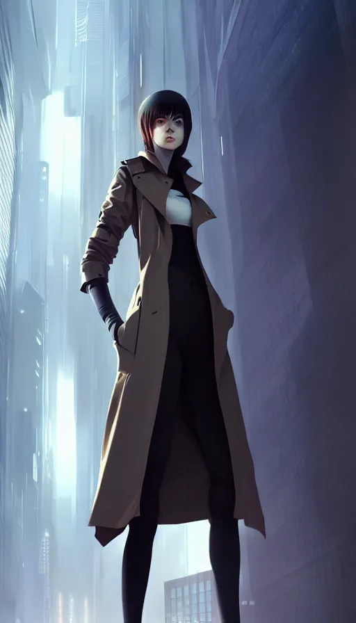 Image similar to realistic render of a cyborg - girl wearing a long trench coat by ross draws, futuristic dystopian city by ilya kuvshinov, digital anime art by ross tran, composition by sana takeda, lighting by greg rutkowski