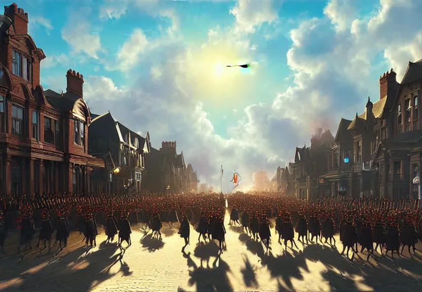 Image similar to a victorian army parade down a town street, blue sky, sunny, detailed, volumetric, cinematic lighting, realistic, digital art by greg rukowski
