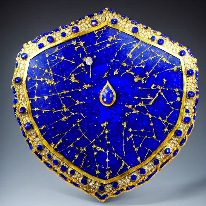 Image similar to photograph of a real-life lapis lazuli shield with jewels. Extremely detailed. 8k