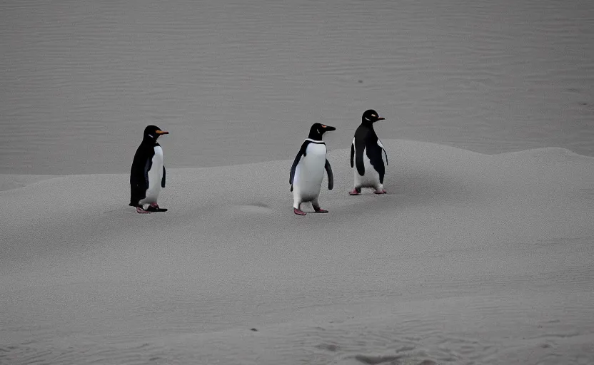 Image similar to confused penguins in sand dunes, photography