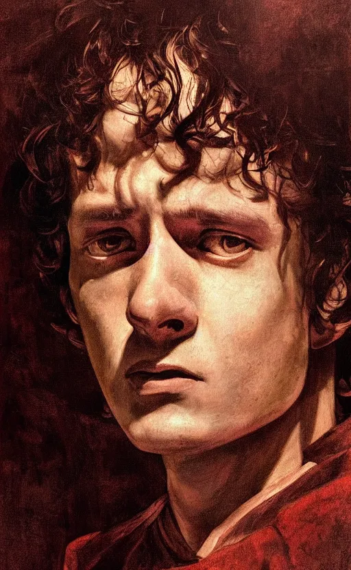 Prompt: a beautiful portrait painting of frodo, by diego velazquez, beautiful composition and structure, high contrast, high saturation, vivid ember colors, cross hatching featured on artstation, shading study, lighting study, studio lighting, pipe smoke, volumetric fog, artistic, cinematic, backlight, rim light, portrait study