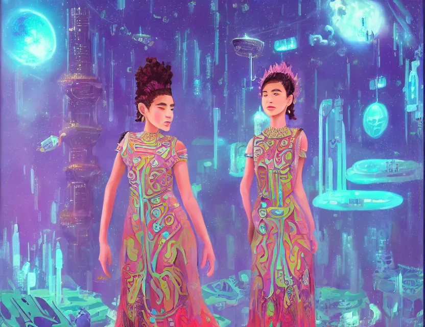 Image similar to central asian scifi princess of the cloud forest, wearing a lovely dress with cyberpunk details. this oil painting by the beloved children's book author has an interesting color scheme and impeccable lighting.