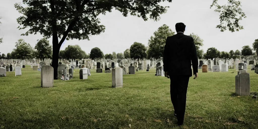 Prompt: Photo of a lone man in a black suit walking in a cemetery