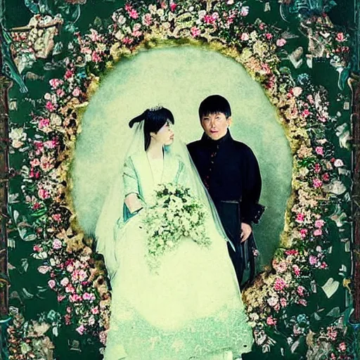 Prompt: A Russian and Japanese mix historical fantasy of a photograph portrait taken of inside a royal wedding floral covered isle inspired by a enchanted ethereal forest, 1907 photo from the official wedding photographer for the royal wedding.