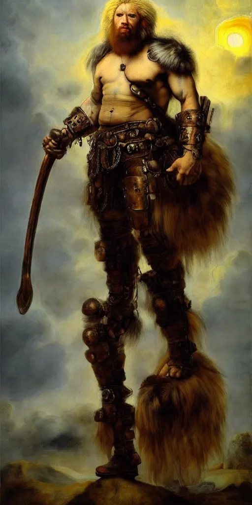 Prompt: muscular oversized white lion as barbarian hunter with steampunk oversized chest armor and shiny weapon , full human oversized mutant proportions hairy body , backlight body , extreme very textured detailed panoramic portrait oil painting by rembrandt, sunset, dramatic clouds and cyan atmosphere