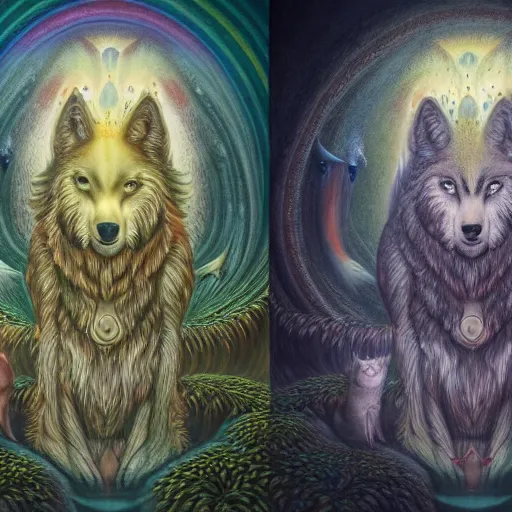 Image similar to an anthromorphic wolf meditating in a zen garden with a waterfall, by Adi granov and afarin sajedi and amanda sage and evgeni gordiets and Agostino Arrivabene in a psychedelic portrait style, ultrarealistic matte painting, volumetric lighting, fractal, extremely symmetrical, highly detailed face, orisha, 8k, hd