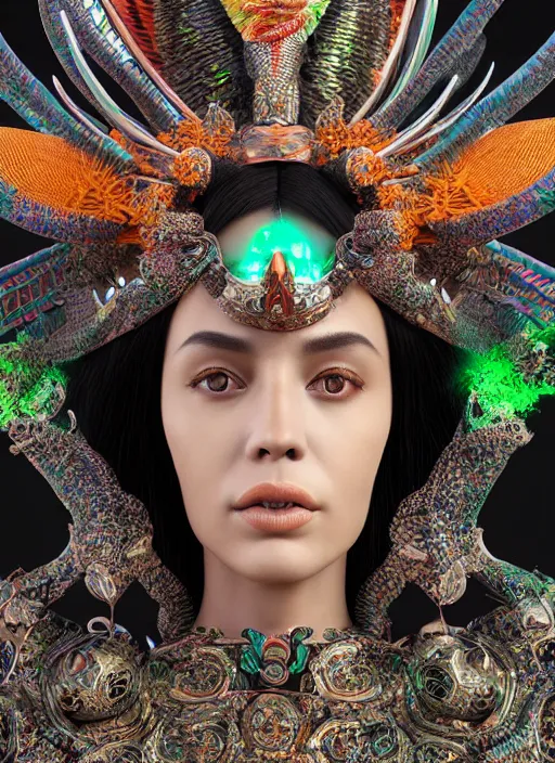 Image similar to 3 d goddess close - up profile portrait. beautiful intricate highly detailed mexican magpie helm and traditional mexican huipil! quetzalcoatl, stingray, bio luminescent, plasma, lava, ice, water, wind, stormy, creature, artwork by tooth wu and wlop and annie leibovitz, octane 3 d render