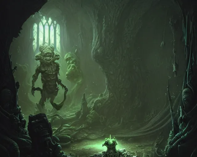 Image similar to 4 k cinematic still portrait of a goblin in a dark liminal space room, nurgle, deep focus, d & d, fantasy, intricate, repulsive, highly detailed, digital art, art station, concept art, matte, sharp focus, illustration, dark fantasy art, hearthstone, art by artgerm and greg rutkowski and alphonse mucha