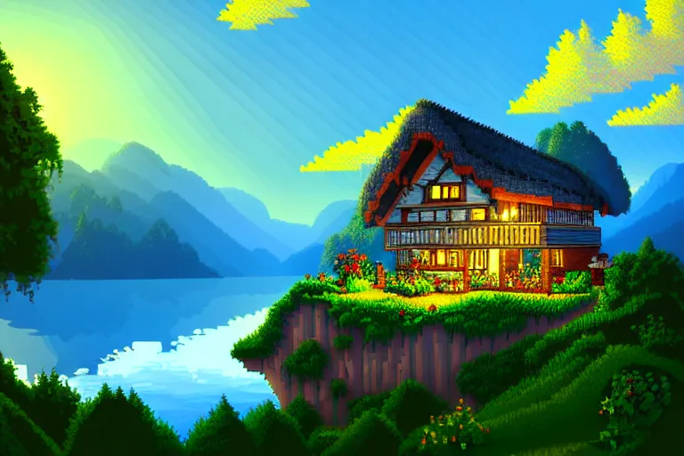 Prompt: view of a cottage above an azure lake, beautiful detailed pixelart by waneella and by albertov, intricate details, beautiful, volumetric lighting, cgsociety, artstation