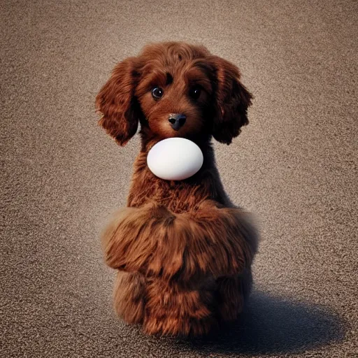 Image similar to brown cavoodle with an egg on its head, cinematic photography, trending on artstation,