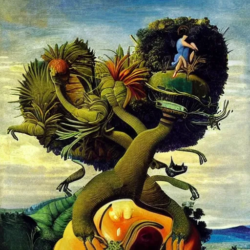 Prompt: the landscape of an alien planet with strange plants and impossible animals. Painting in the style of Caravaggio. Beautiful and colorful.