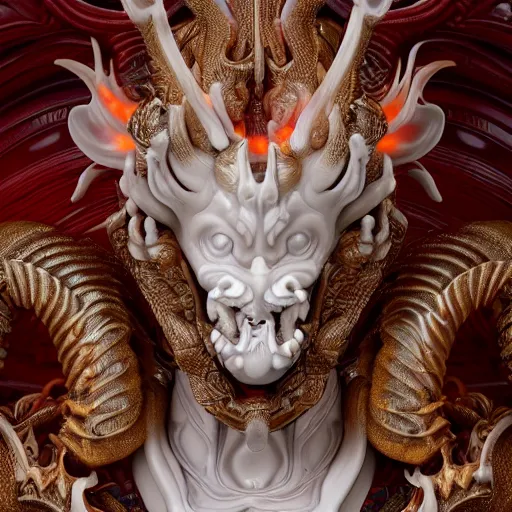 Image similar to a closeup portrait photo, alabaster and ruby real delicate ceramic porcelain sculpture of an ornate detailed humanoid dragon demon devil god in front of an intricate background by rafael, micro detail, backlit lighting, subsurface scattering, translucent, thin porcelain, fire, flames, amber, octane renderer, colorful, physically based rendering, trending on cgsociety