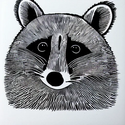 Image similar to raccoon, cute, block print, simple stylized, black ink on white paper