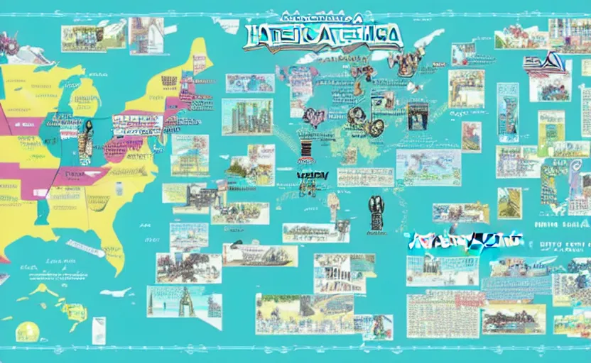 Prompt: hatsune miku across america map, map key, tourist map, brochure