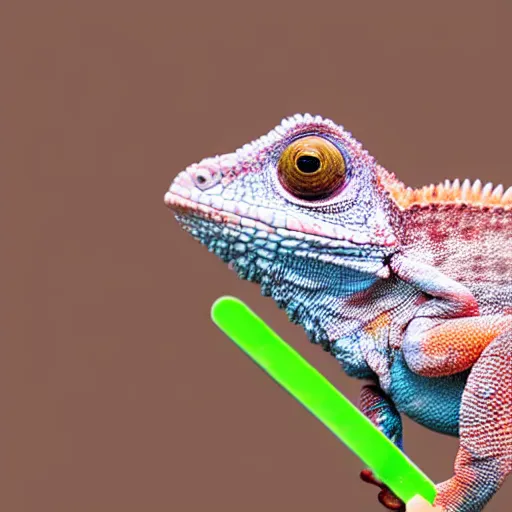 Prompt: a chameleon eating a popsicle