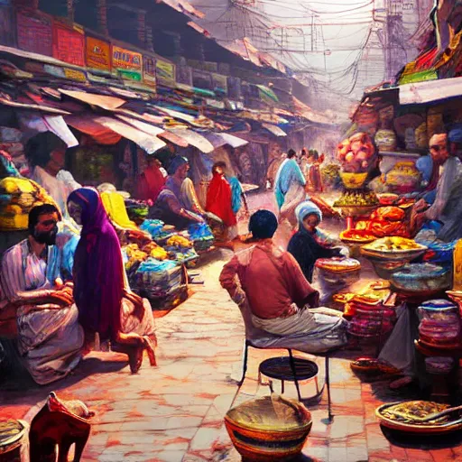 Prompt: bazaar in delhi. art by salman toor. faithfully depicted facial expression, perfect anatomy, sharp focus, global illumination, radiant light, detailed and intricate environment, trending on artstation