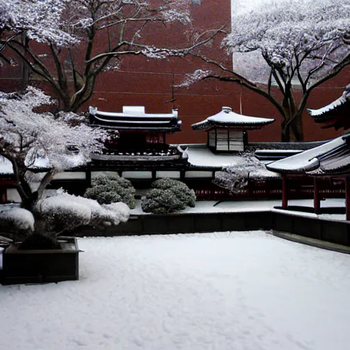 Prompt: snowy Japanese courtyard