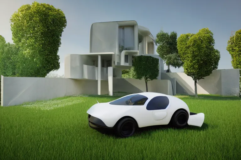 Image similar to a house in the future house, retrofuturim, lawn, trees, white picket fence, futuristic flying car parked on the landing pad, realistc octane render, depth of field, soft lighting, 8k