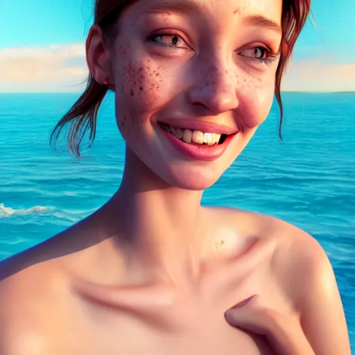 Image similar to portrait of a cute thin young woman, red blush, cute freckles, smug smile, modern clothes, relaxing on the beach, golden hour, close up shot, 8 k, art by irakli nadar, hyperrealism, hyperdetailed, ultra realistic