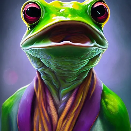 Prompt: A professional digital portrait painting of a frog wizard, painted in the style Arcane, 4k, digital art, trending on cgsociety, highly detailed, upper body shot, shallow depth of field, purple and yellow lighting, professional lighting, airbrush