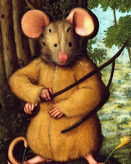 Prompt: mouse holding a drum, sitting in the forrest, medieval portrait, close up