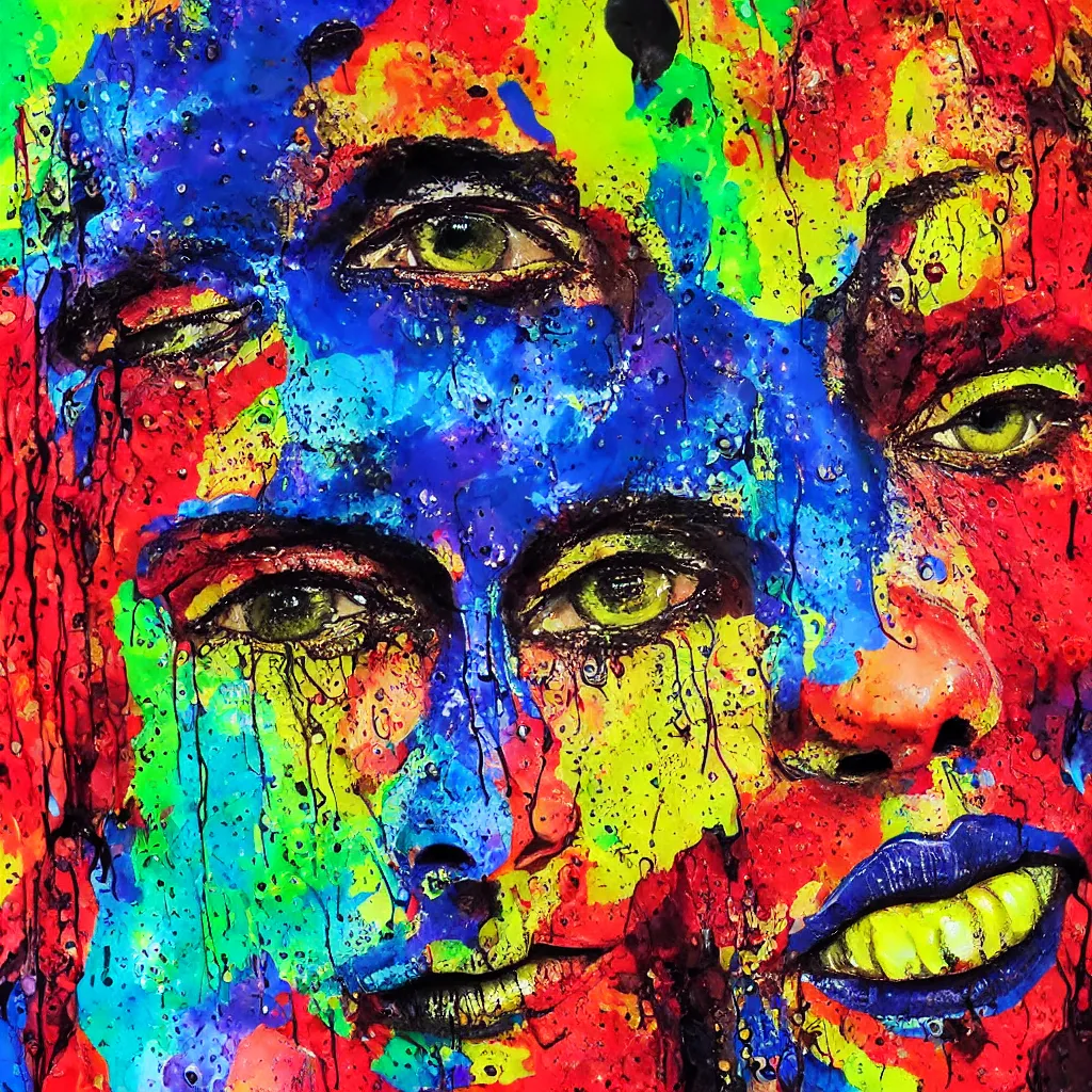 Prompt: intricate face with paint drips of paint melting in to a colorful painting made of gouache impasto