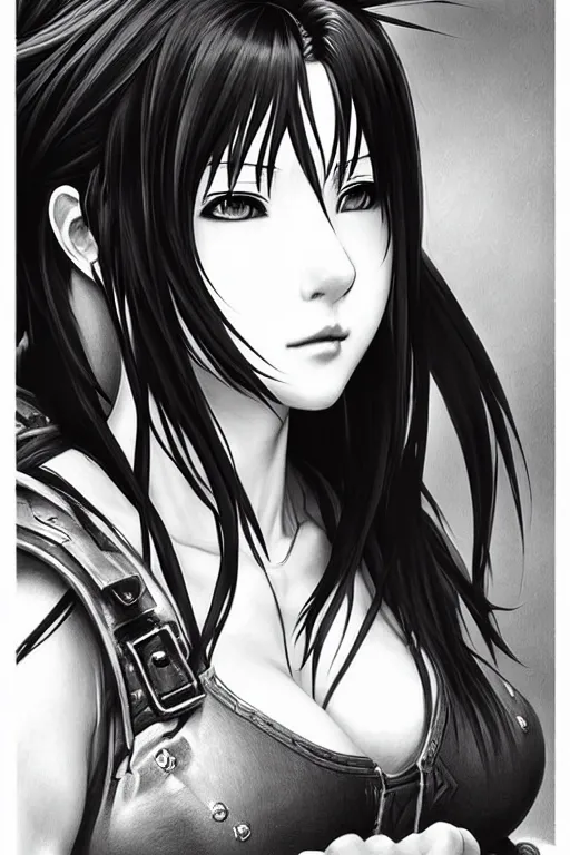 Image similar to highly detailed manga line art portrait of tifa from Final Fantasy, very detailed, realistic, by Stanley Artgerm Lau, greg rutkowski, thomas kindkade, alphonse mucha, loish, norman rockwell J.