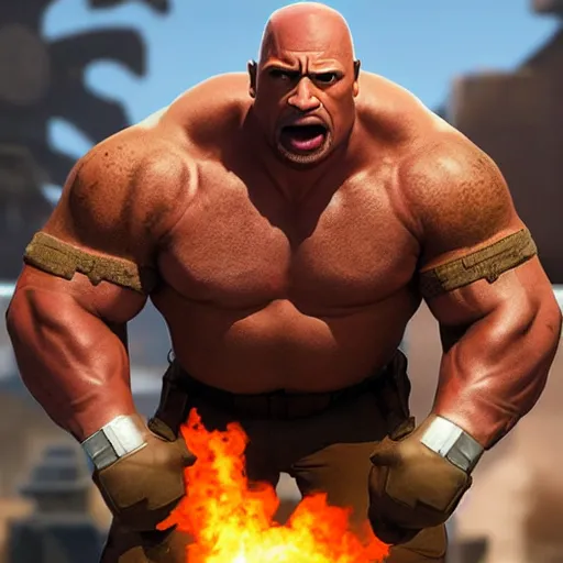 Prompt: dwayne the rock johnson as heavy in team fortress 2, movie still