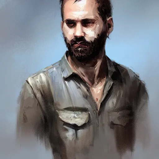 Image similar to Portrait of a man by Greg Rutkowski, he is about 30 years old, Nordic and Hebrew factions, messy brown short hair, strong, tired expression, father figure image, he is wearing a aegean blue utilitarian jumpsuit, highly detailed portrait, scifi, digital painting, artstation, concept art, smooth, sharp foccus ilustration, Artstation HQ.