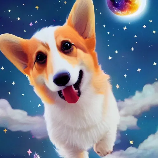 Image similar to corgi with [ angelic wings ]!!, [ flying like a superhero ]!! in the [ night sky ]!! where the stars are visibly perceptible, [ realistic photo ]!!, [ 4 k photorealism ]!!, trending on artstation