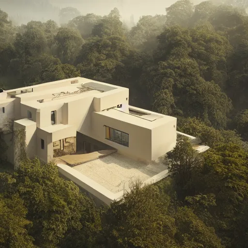 Image similar to beige rectangular house with big central atrium, on a hill surrounded by big trees, dramatic lighting, artstation, matte painting, raphael lacoste, simon stalenhag, frank lloyd wright, zaha hadid, drone view