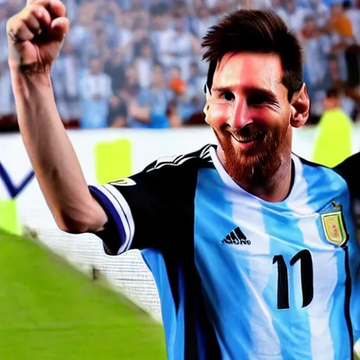 Image similar to messi, wearing argentina's shirt, winning qatar world cup