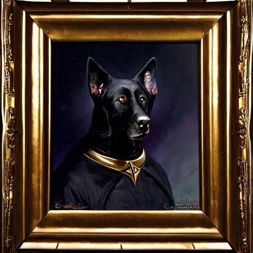 Image similar to a portrait of a black dog dogman canine star trek officer. highly detailed painting by gaston bussiere, craig mullins, j. c. leyendecker, furry