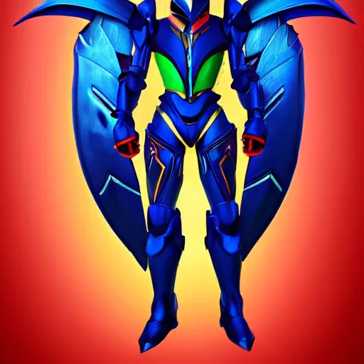 Image similar to High Fantasy Kamen Rider, blue armor with red secondary color, 4k, glowing eyes, daytime, rubber suit, dragon inspired armor, Guyver Unit 1 Armor