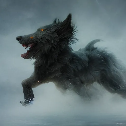 Image similar to fenrir by elena vizerskaya and ivan aivazovsky, perfectly detailed, artstation, sharp focus, highly detailed, studio photography, impresion de giclee arte abstracto, award winning