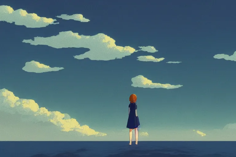 Image similar to A cell animation of a young woman looking out over the sea, Miyazaki Hayao, ghibli style, illustration, azure tones, vintage colors, large clouds visible, anime, trending on artstation