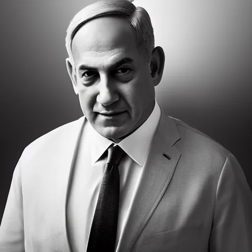 Image similar to supermodel benjamin netanyahu, model photography, dynamic lighting, highly detailed, sharp focus, grayscale, professional