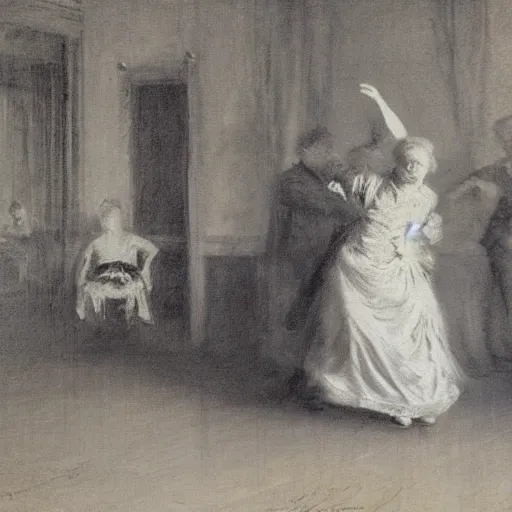 Image similar to old lady dancing with the ghost of a young man alone in a ballroom by alfred stevens in charcoal