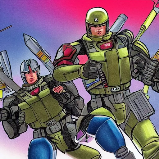 Prompt: GI Joe and Transformers mixed into a dream storybook illustration