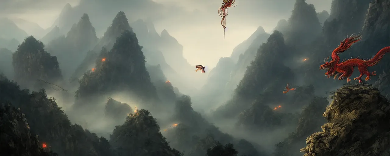 Prompt: ancient chinese dragon flying in fantasy chinese karst landscape, mountains, fog, art by greg rutkowski, concept art, cinematic, 4 k