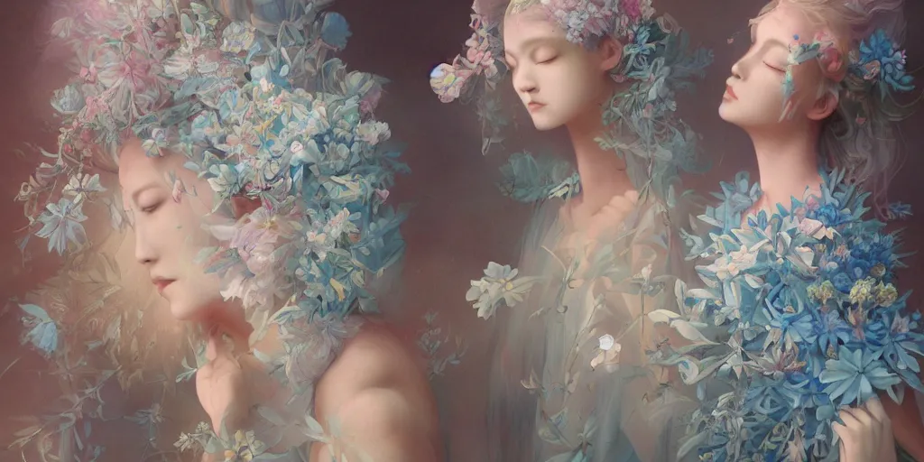 Image similar to breathtaking detailed concept art painting blend of two goddess of light blue flowers by hsiao - ron cheng with anxious piercing eyes, vintage illustration pattern with bizarre compositions blend of flowers and fruits and birds by beto val and john james audubon, exquisite detail, extremely moody lighting, 8 k