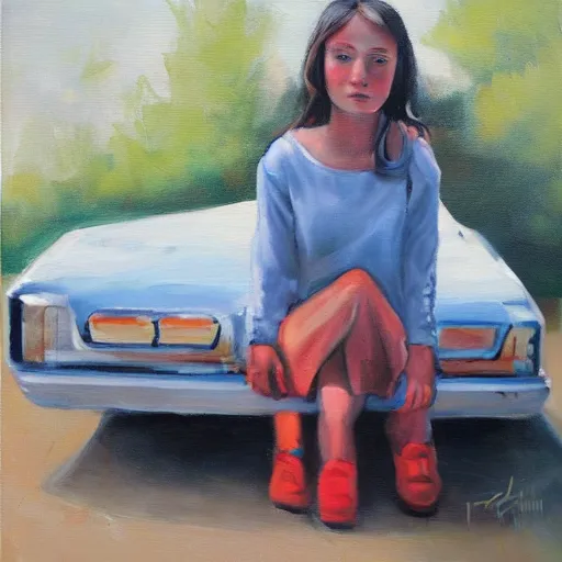 Image similar to girl sitting on car, oil painting by ian francis