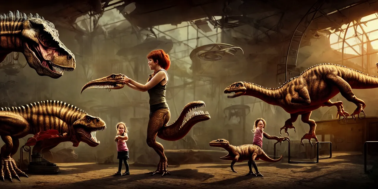Image similar to small girl is feeding tyranosaur rex with meat from her hand, in futuristic zoo, in steam punk style, very high details, raytracing, back light, raymarching, by ilm, by digital domain, by weta digital