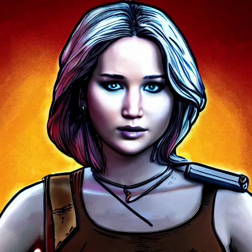 Image similar to jennifer lawrence portrait, borderlands, tales from the borderlands, the wolf among us, comic, cinematic lighting, studio quality, 8 k