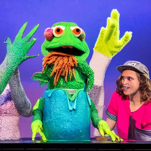 Prompt: a cast of aquatic puppets based on real fish and aiming to bring awareness to ocean pollution, in the style of muppets, in an aquarium, lighting from spongebob the musical on broadway, real, photograph, cinematic