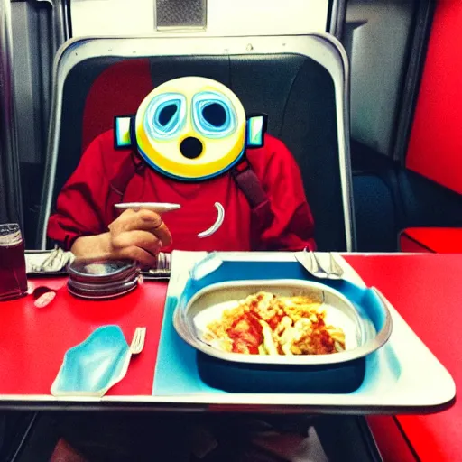 Image similar to lomo astronaut having dinner with cocacola in train