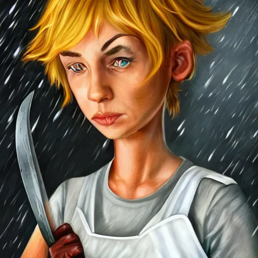 Image similar to Hard-eyed elf woman with short blonde hair wearing a kitchen maid's uniform and holding a chef's knife, standing in the rain, Dungeons and Dragons, character portrait, hyper realism, colorful