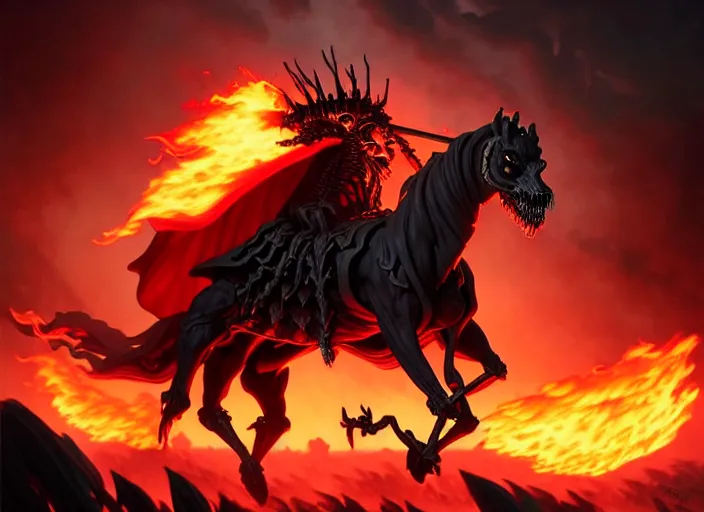 Image similar to ainz ooal gown leading the undead army to battle riding a flaming skeleton horse, highly detailed, deep focus, elegant, artstation, digital painting, smooth, sharp focus, illustration, ultra realistic, 8 k, art by artgerm and greg rutkowski and alphonse mucha