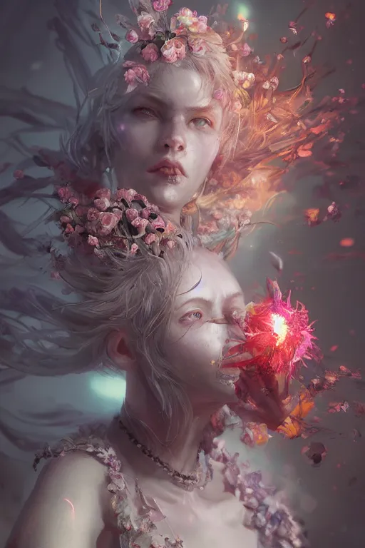Image similar to beautiful girl necromancer exploding into flowers, 3 d render, hyper - realistic detailed portrait, holding electricity, ruan jia, wlop. scifi, fantasy, hyper detailed, octane render, concept art,